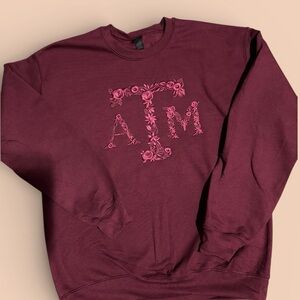 Maroon Sweatshirt with Floral Design, ATM , college, women’s , custom embroidery